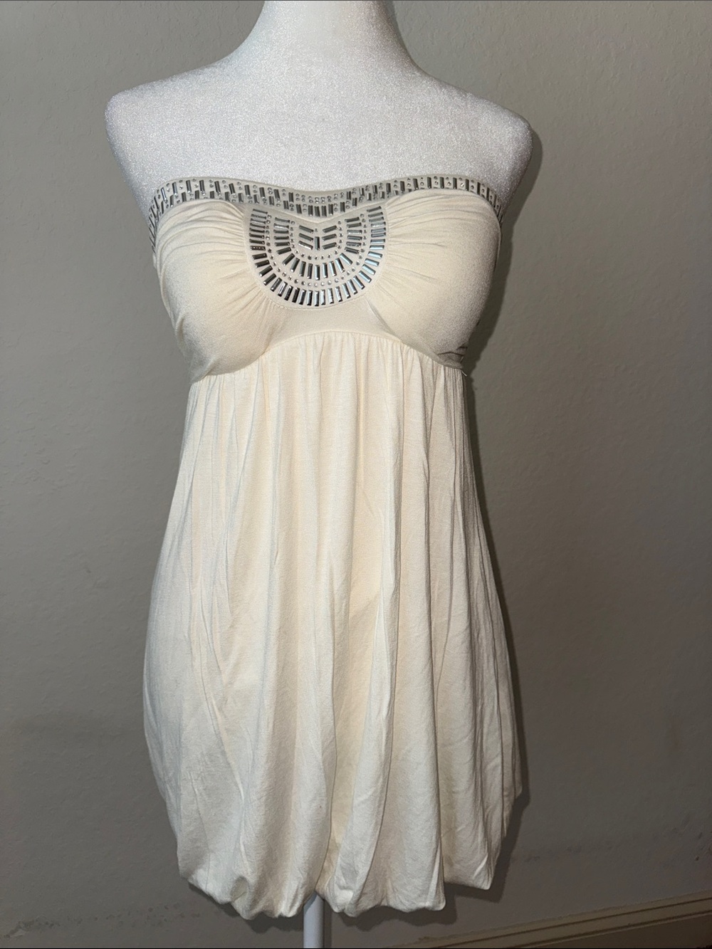 Strapless Ivory Bubble Hem Dress with Mirror Trim